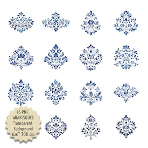 Conjunto de imágenes prediseñadas de mosaicos arabescos, adornos de damasco azul y blanco, 16 PNG, fondo transparente, plantillas digitales para manualidades de bricolaje, descarga instantánea