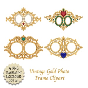 Vintage Photo or Double cadre Clipart : bordures ornées de pierres précieuses de coeur pour les albums de famille, mariages, cartes commémoratives, ensemble PNG numérique