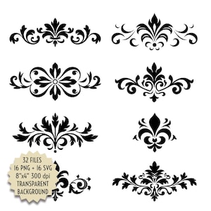 May include: A collection of black, ornate vector designs in various floral and scroll patterns. The designs include flourishes, leaves, and symmetrical arrangements. The image also includes the text: "32 FILES, 16 PNG + 16 SVG, 8"x4" 300 dpi, TRANSPARENT BACKGROUND."
