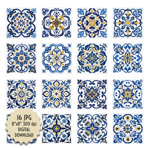 Puede incluir: Conjunto de 16 imágenes digitales con azulejos de patrones azules y amarillos. Cada azulejo mide 20,32 cm por 20,32 cm y 300 dpi. Los azulejos tienen un estilo portugués tradicional.