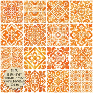 Puede incluir: Una colección de dieciséis azulejos de acuarela naranja y blanco con varios patrones geométricos y florales. La imagen incluye texto que indica que los azulejos son JPG de 20,32 cm x 20,32 cm y un mosaico de 81,28 cm x 81,28 cm, disponible como descarga digital a 300 ppp.