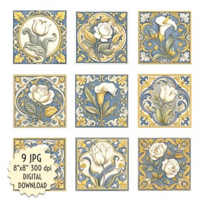 Puede incluir: Nueve imágenes digitales de azulejos de 20,32 x 20,32 cm con diseños florales. Cada azulejo tiene una flor blanca diferente con acentos amarillos y azules sobre un fondo azul.