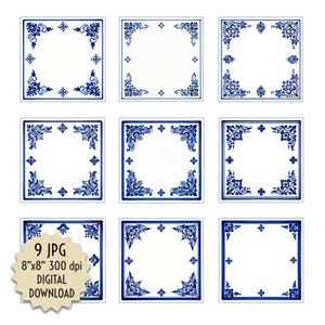 Puede incluir: Nueve descargas digitales cuadradas con diseños florales azules en las esquinas sobre fondo blanco. Cada cuadrado mide 20,32 cm x 20,32 cm. Los diseños incluyen patrones florales y geométricos.