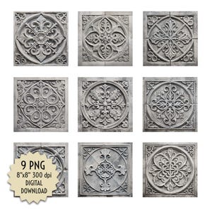 May include: A collection of nine square gray tiles featuring intricate embossed floral and scrollwork patterns. A light-colored starburst label in the bottom left corner displays the text 9 PNG 8"x8" 300 dpi DIGITAL DOWNLOAD in black font.