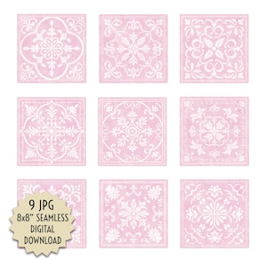 May include: Nine pink and white square tiles with intricate floral and geometric patterns. The tiles are arranged in a 3x3 grid. The text "9 JPG 8x8" SEAMLESS DIGITAL DOWNLOAD" is in a starburst shape at the bottom left.