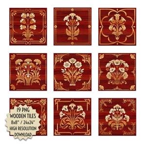 May include: Nine square wooden tiles with floral designs in gold and cream against a dark red background. The tiles feature intricate patterns and are arranged in a three-by-three grid. The text "19 PNG WOODEN TILES 8x8" / 24x24" HIGH RESOLUTION DOWNLOAD" is visible.