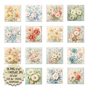 Piastrelle quadrate in stile vintage shabby chic con fiori dai toni pastello, mosaico invecchiato e rovinato per pareti, artigianato, fai da te, download digitale 6x6 PNG