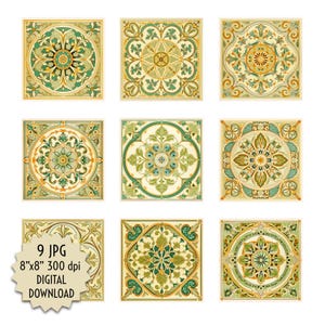 Ensemble de carreaux verts, motifs ornés d'or, motifs de mosaïque numérique pour travaux manuels, sous-verres, scrapbooking, décoration DIY, téléchargement immédiat, 20 x 20 cm JPG