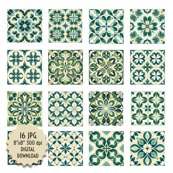 Symmetrical Geometric Green Tile Seamless Pattern Drawing Clipart Mosaic Digital Design 8x8" Download Print Slab Kitchen Decorative Ceramic