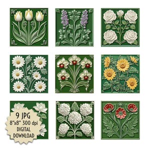 Piastrelle floreali, texture in ceramica smaltata, motivo floreale bianco, giallo e rosso, sfondo verde. Ideale per la stampa su carta adesiva e decorazioni
