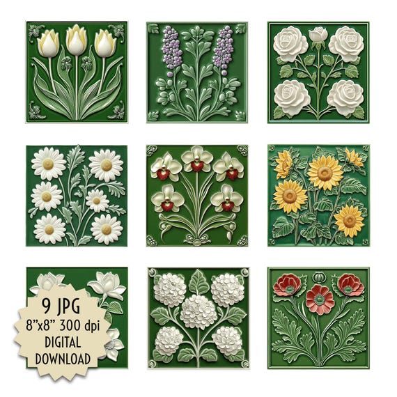 Floral Tiles, Glazed Ceramic Texture, White, Yellow, and Red Flower Design, Green Background. Ideal for Printing on Adhesive Paper and Decor