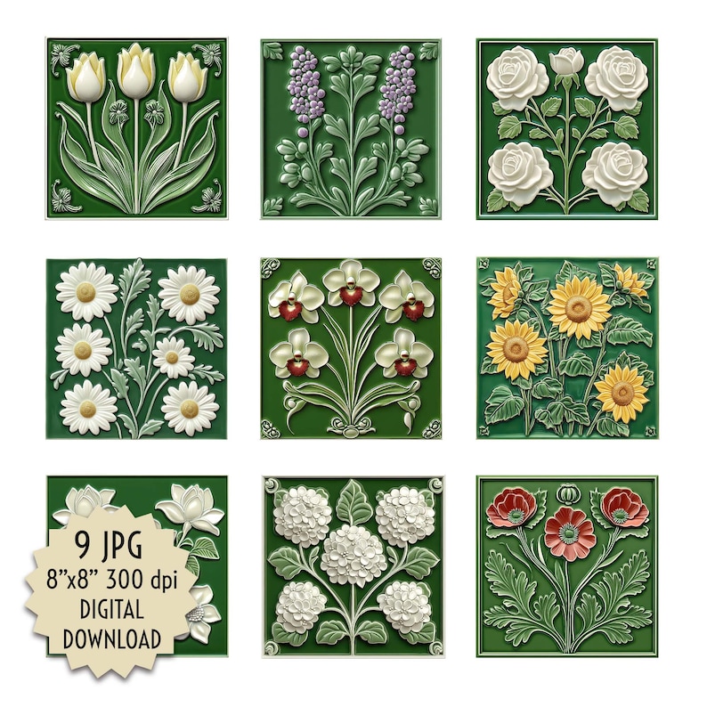 9 floral tile images, glazed ceramic texture, on a green background. 9 JPG, 8”x8”, 300 dpi, digital download