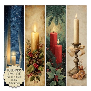 May include: Four vertical digital bookmarks featuring candle illustrations. One shows a candle by a snowy window, another a candle with pinecones and berries, a third with two red candles and holly, and the last a candle in a holder with dried orange slices.
