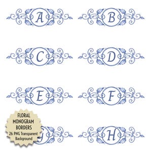 Puede incluir: Una colección de ocho bordes de monogramas florales azules y blancos, cada uno con una letra diferente (A a H) dentro de un marco circular. Los bordes están adornados con hojas y espirales. Una etiqueta dice "Floral Monogram Borders 26 PNG Transparent Background."