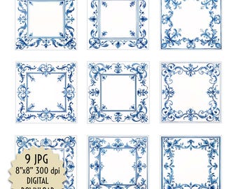 Blue Border Tile Set, Ornate Square Frames, Floral Scrollwork, DIY Text Art, Quotes, Invitations, Cards, Scrapbooking, JPG, Instant Download