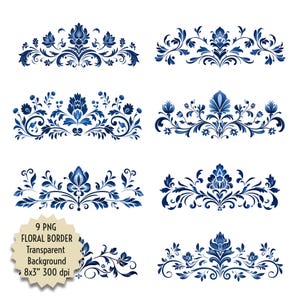 Conjunto de imágenes prediseñadas de borde floral, adornos decorativos azules, estilo folk elegante, 9 PNG, fondo transparente, descarga digital para manualidades, diseño