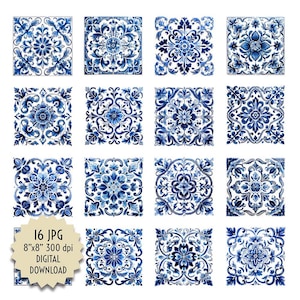 May include: Set of 16 digital images of blue and white floral tile patterns. Each tile is 8 inches by 8 inches and 300 dpi.