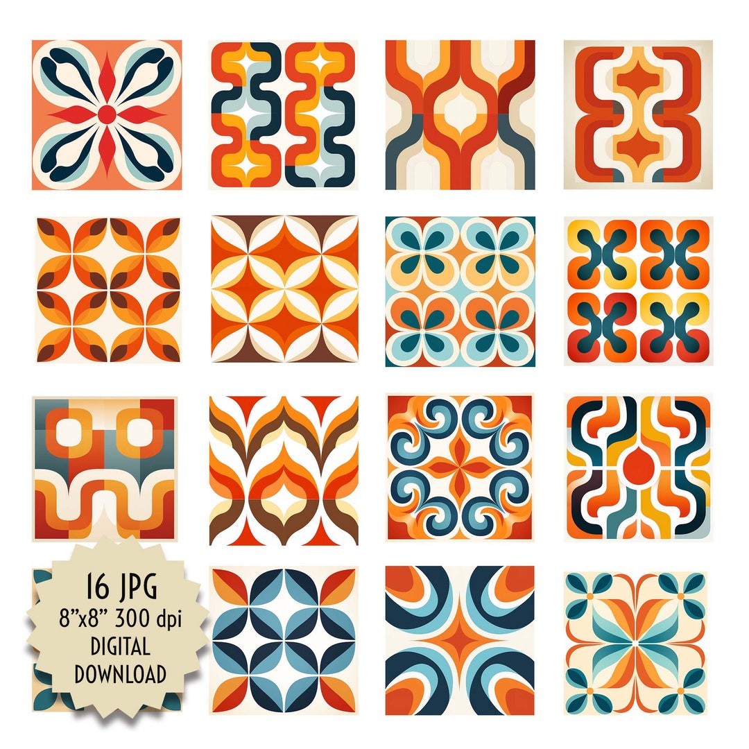Tiles 70s Aesthetic, Geometric Pattern, Red Orange Blue Brown Mosaic ...