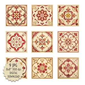 Puede incluir: Nueve imágenes cuadradas de descarga digital con diseños florales ornamentados en rojo, dorado y crema. Cada baldosa tiene un patrón único, con el texto "9 JPG 8x8" 300 dpi DIGITAL DOWNLOAD" en la esquina inferior izquierda.