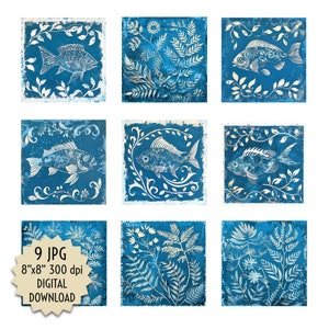 May include: Nine digital images of blue tiles with white floral designs and fish illustrations. The tiles are 8 inches by 8 inches and 300 dpi.
