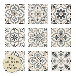 May include: Nine square digital download images of decorative tiles. Each tile features a unique pattern in shades of gray, blue, and beige. The tiles have floral and geometric designs. The text "9 JPG 8x8" 300 dpi DIGITAL DOWNLOAD" is visible.