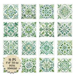 May include: Set of 16 digital images featuring green and white watercolor tiles with intricate floral patterns. Each tile is 8 inches by 8 inches and 300 dpi.