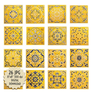 26 Clipart de Azulejos Amarelos Vintage em Relevo Azulejos em Estilo Espanhol. Decoração e Design. Cozinha e Banheiro em Mosaico. Download Digital para Impressão 8"x8"