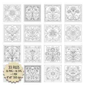 Può includere: Un set di 33 file digitali che includono 16 disegni di piastrelle floreali in bianco e nero in formato PNG e SVG, più un file PDF. Le piastrelle misurano 20,3 cm per 20,3 cm e 300 dpi.