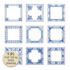 May include: Nine square digital download images featuring ornate blue and white frames. Each frame has a unique design, with floral and scrollwork patterns. The images are 8"x8" at 300 dpi.