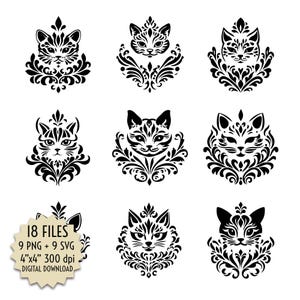 Arabeske Katze, SVG Vektor PNG transparenten Hintergrund, Ornamental Clipart Schablone, schwarze Silhouette, DIY Handwerk Sublimation, Instant Download