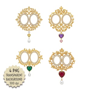 Ornate Baroque Gold Digital Double Photo Frames, Antique Victorian Coquette Jewelry Clipart with Gems & Pearls, Transparent PNG for Photos
