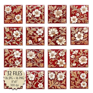 Immagini di piastrelle in ceramica, rosso bordeaux, bianco, oro, stile vintage, design floreale e fogliare, mosaico in rilievo, per decorazione. Download digitale