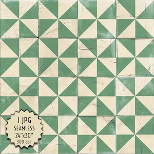 May include: Seamless digital paper pattern featuring a repeating geometric design of green and cream triangles. The pattern is reminiscent of vintage tile flooring.