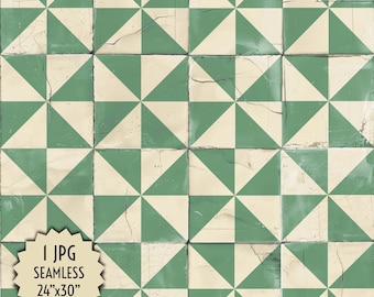 Seamless Antique Mosaic of Old Cracked Realistic Tiles with Green Triangles Mediterranean-Style Decoration Design Print Digital Download JPG
