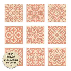 Puede incluir: Nueve baldosas cuadradas con intrincados patrones repetidos en coral y crema. Las baldosas presentan diseños florales y geométricos. La imagen incluye texto que indica una descarga digital de baldosas de 20,32 x 20,32 cm.