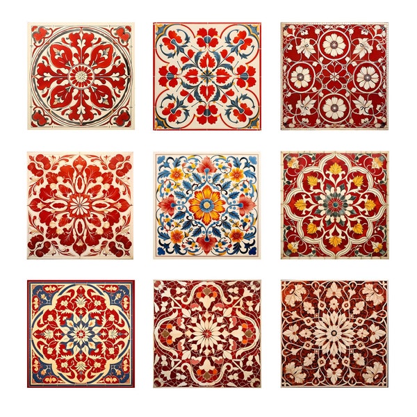 Vintage Red Tile Clipart: Set of 9 Spanish-Style Tiles, Decoration, and Design. Printable Digital Download. 9 JPG Files, 8”x8”, 300 dpi