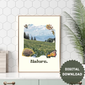Hedgehog, Butterfly, Flower Field, Mountains, Nature, Printable Wall Art, Digital Download, Landscape, Dried Pressed Flower, Wildlife, Trees