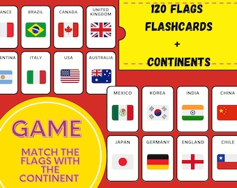 Tarjetas didácticas de geografía Montessori: 120 banderas + juego de emparejar continentes (descarga digital).