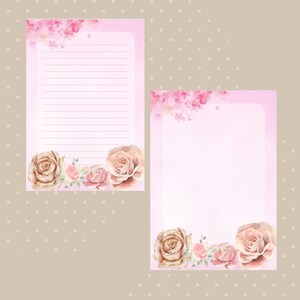 Modello di carta da lettere floreale Rose rosa, set di cancelleria stampabile Foglio di linea, carta da lettere stampabile con fiori femminili, fogli con motivi floreali