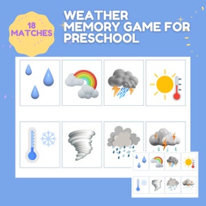 Jogo de memória para impressão do clima Jogo para impressão pré-escolar Jogo para impressão de atividades climáticas para impressão em casa Jogo de correspondência Jogos de aprendizagem precoce Clima