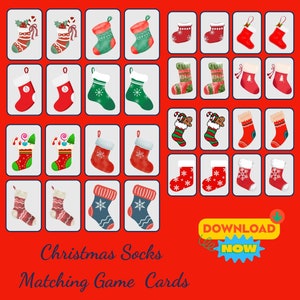 May include: A set of 24 Christmas stocking cards for a matching game. The cards feature various colorful stockings with different patterns, including candy canes, snowflakes, and reindeer. The cards are designed for a fun holiday activity.