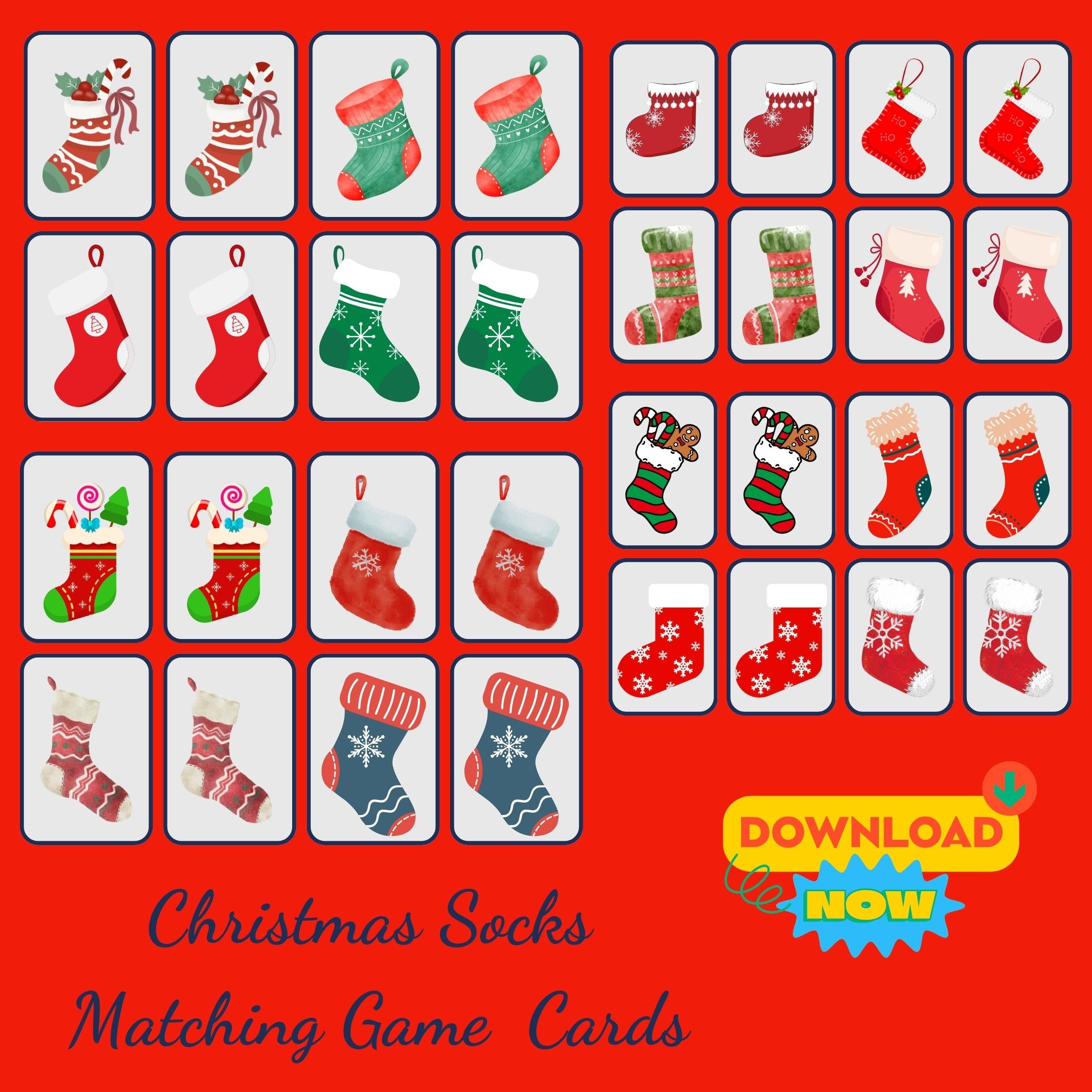 christmas socks matching game for toddlers (pdf, png). - etsy