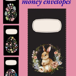 Envelope para dinheiro de Páscoa imprimível em preto, envelope para dinheiro com coelhinho da Páscoa para download instantâneo.