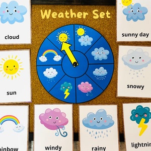 Pode incluir: Um conjunto de tempo com uma roda giratória e cartas que mostram diferentes condições climáticas, incluindo um dia ensolarado, um dia nublado, um dia chuvoso, um dia nevado, um dia ventoso e uma tempestade. Os cartões têm lindas ilustrações de desenhos animados das condições climáticas.