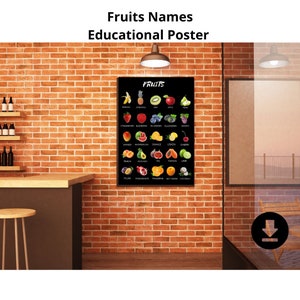 Frutas Nombres Fotos Cartel Montessori Cartel Frutas Imprimible Cartel JPG Descargar Cartel Montessori Decoración de la habitación de la guardería Decoración del aula
