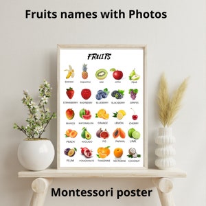 Frutas Nombres Fotos Cartel Montessori Cartel Frutas Imprimible Cartel JPG Descargar Cartel Montessori Decoración de la habitación de la guardería Decoración de la pared del aula