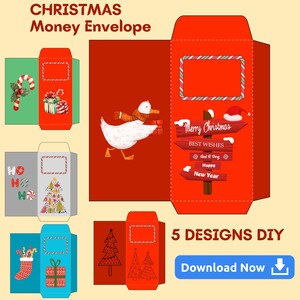 Sobres navideños imprimibles con 5 diseños, regalo de Navidad, idea de regalo, sobres navideños DIY, regalos navideños Montessori DIY