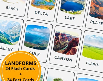 Landform Cards Motessori, Land and Water Forms Montessori Geography, Landforms Flashcards Digital Dowload, Geogrphy Materials for Teachers