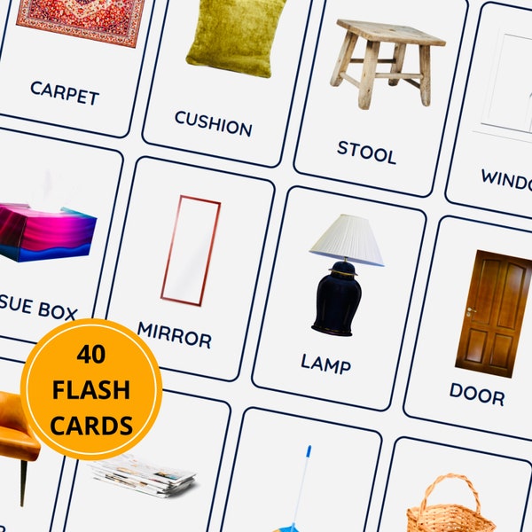 Household Items Names Flashcards, Montessori English Cards, House Items Vocabulary Nomenclature Cards for ESOL Students, ESL Teacher Aids