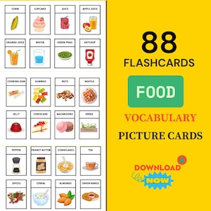 88 tarjetas didácticas de ALIMENTOS Tarjetas de nomenclatura de 3 partes para el aprendizaje en el hogar y ESOL Tarjetas didácticas de Motessori Charlotte Mason Learning Foods Vocabulary